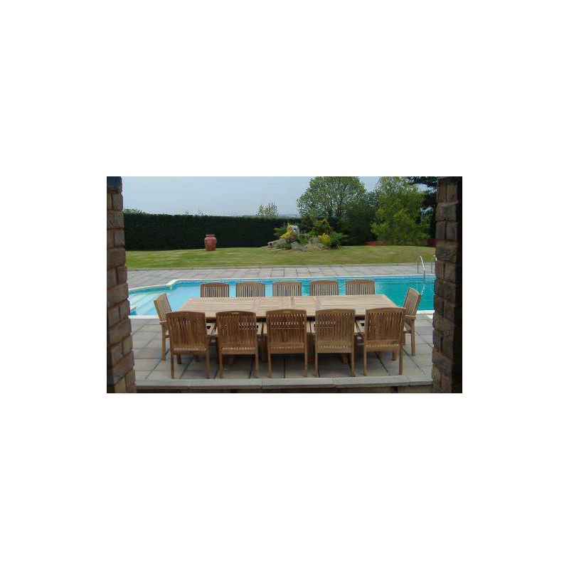 1.2m x 2.4m-3.2m Teak Rectangular Double Extending Table with 12 Marley Chairs